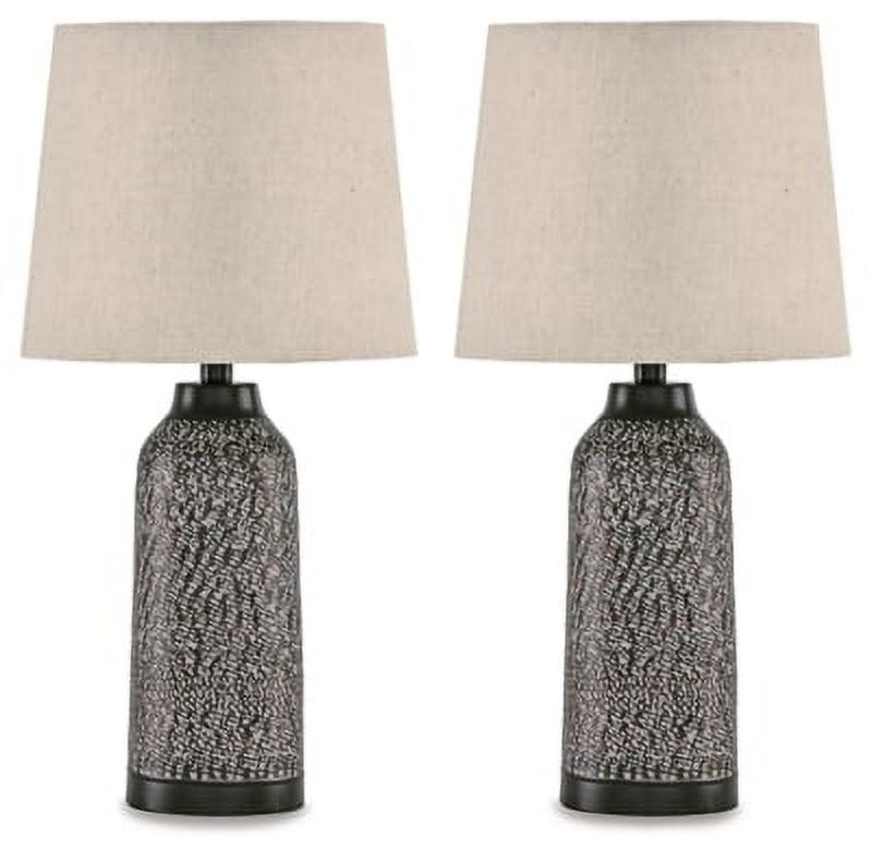 Antique Bronze Hammered Metal Table Lamp Set with Linen Shades