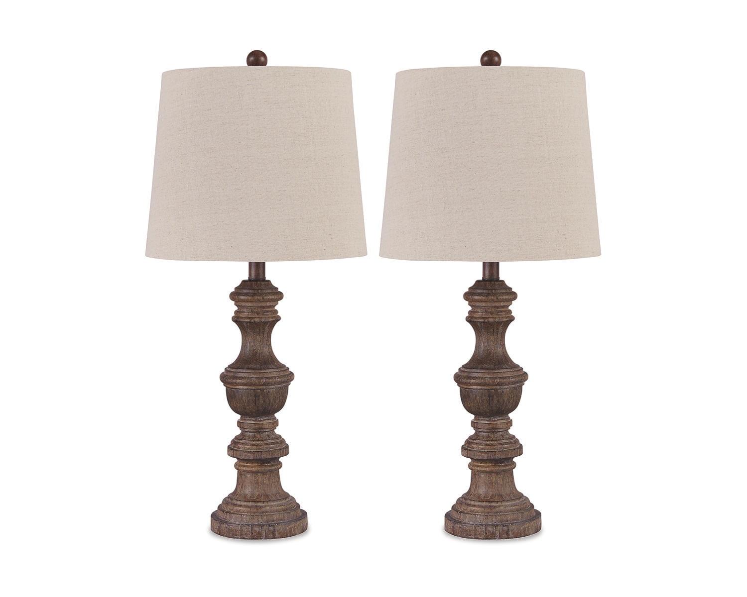 Set of 2 Brown Faux Wood Table Lamps with Drum Shade