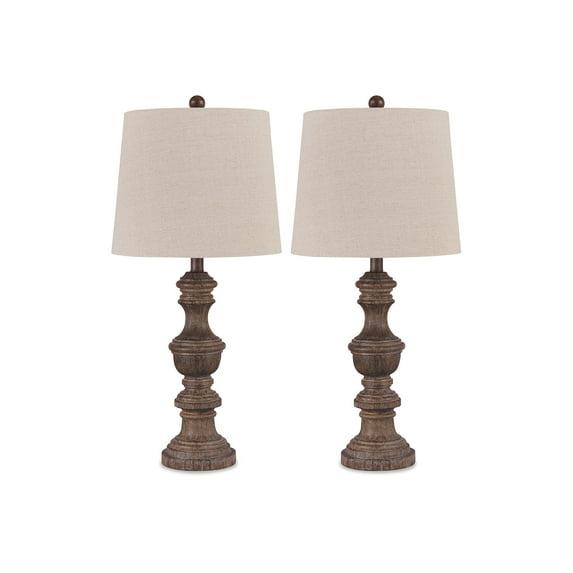 Set of 2 Magaly Poly Table Lamps Brown - Signature Design by Ashley: Wooden Base, 3-Way Switch, Drum Shade