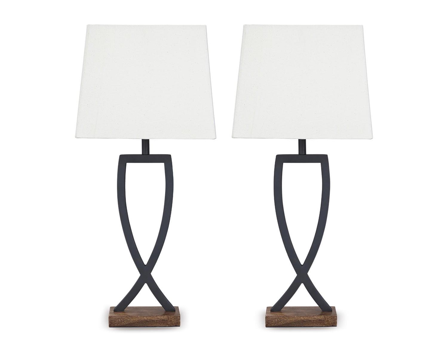 Set of 2 Black Metal Table Lamps with Wood Base