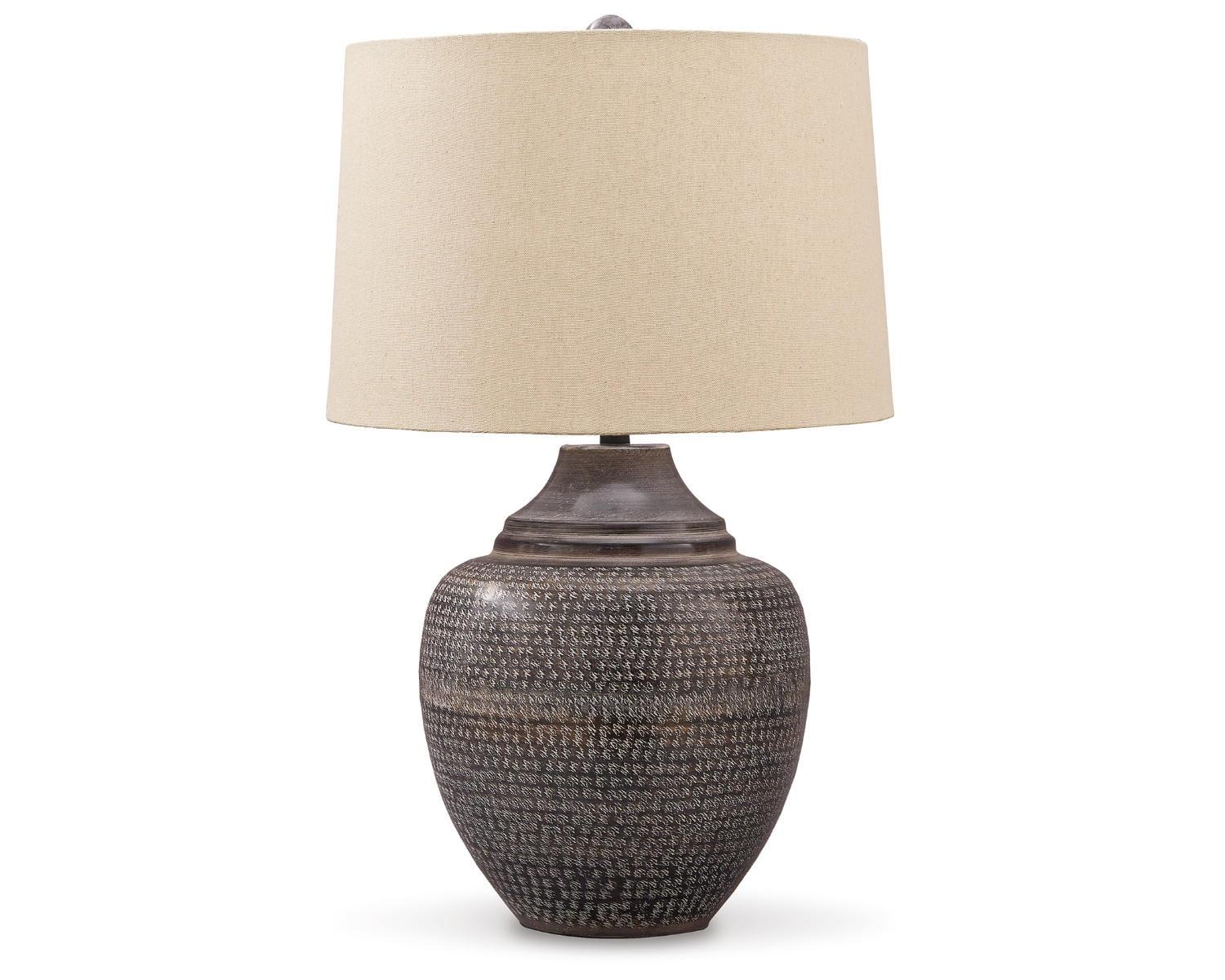 Antiqued Brown Metal Urn Table Lamp with Beige Shade