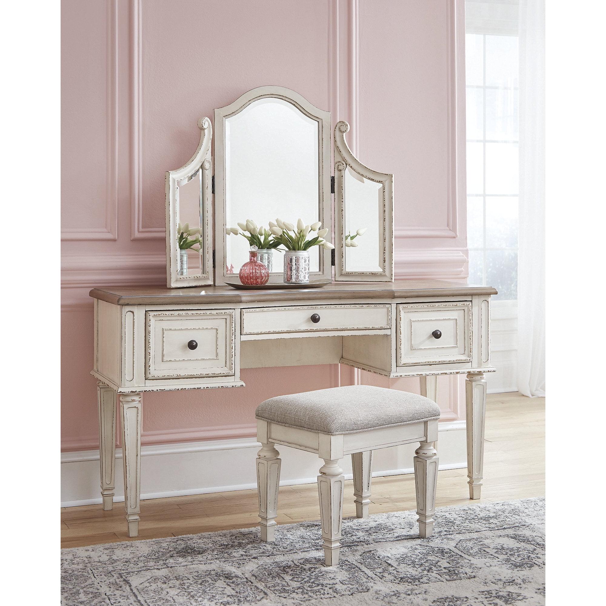 Set of 3 Realyn Vanity/Mirror/Stool Chipped White: Cottage Style Dressing Table - Signature Design by Ashley