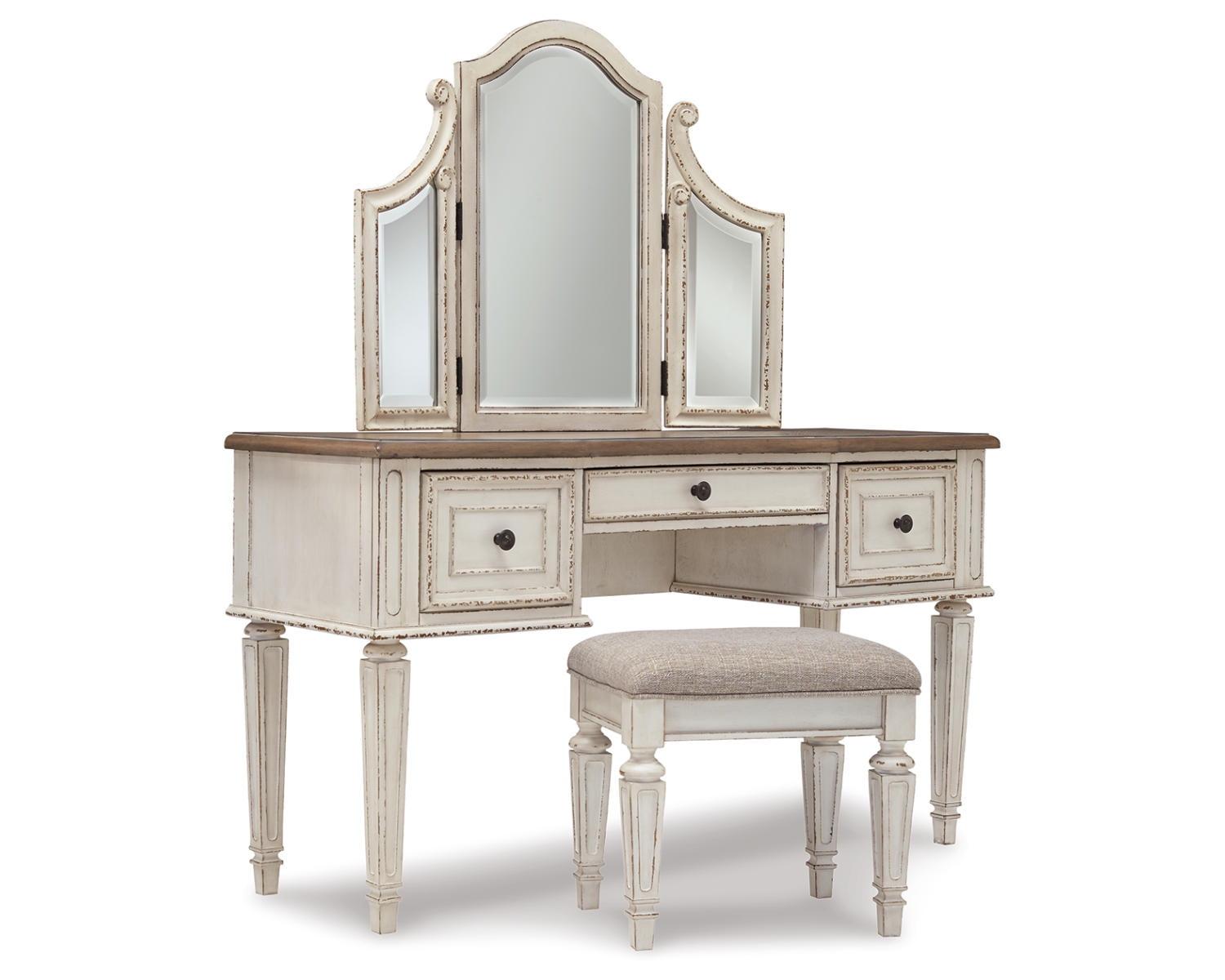 Rustic White 3-Drawer Vanity Set with Bench and Mirror