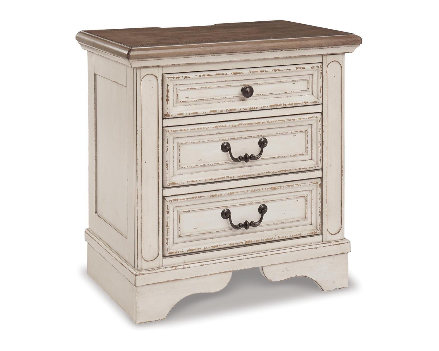 Chipped White & Distressed Wood 3-Drawer Nightstand with USB Ports