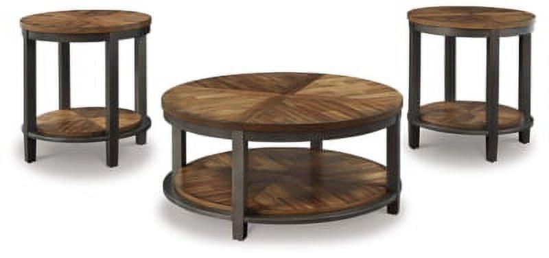 Modern Farmhouse Trio Round Coffee & End Tables in Brown Metal & Wood