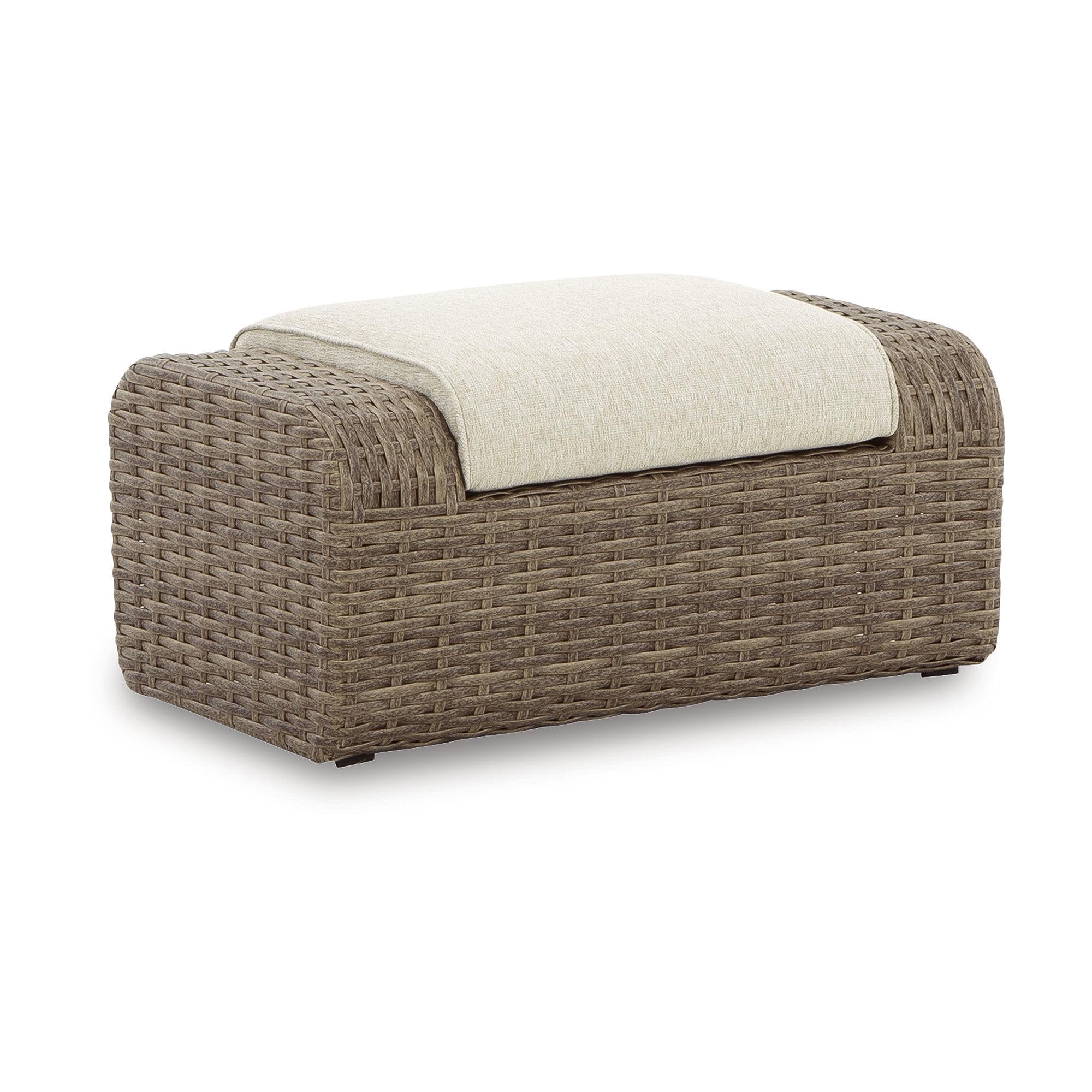 Beige Resin Wicker Outdoor Ottoman with Cushion