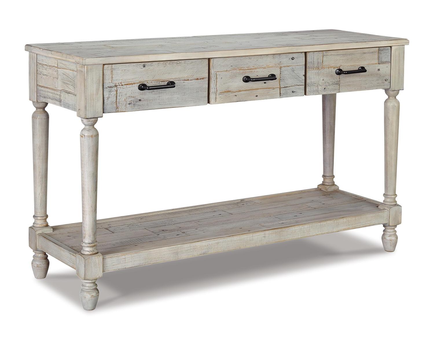 Whitewash Pine Wood Rectangular Console Table with Storage