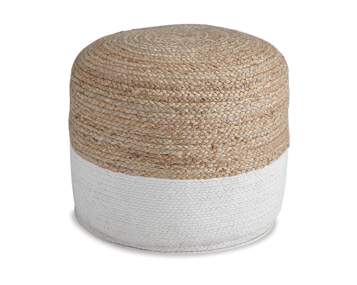 Contemporary Braided Jute and Cotton Pouf in Brown/White