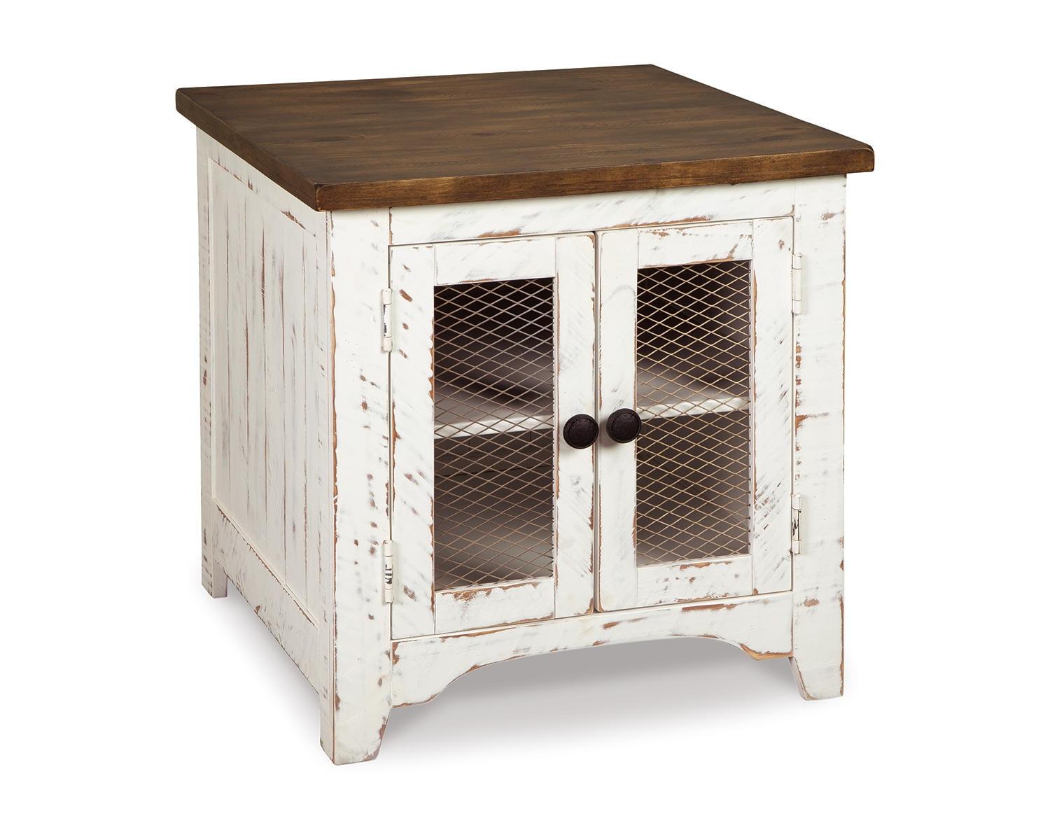 Rustic White and Brown Wood End Table with Storage