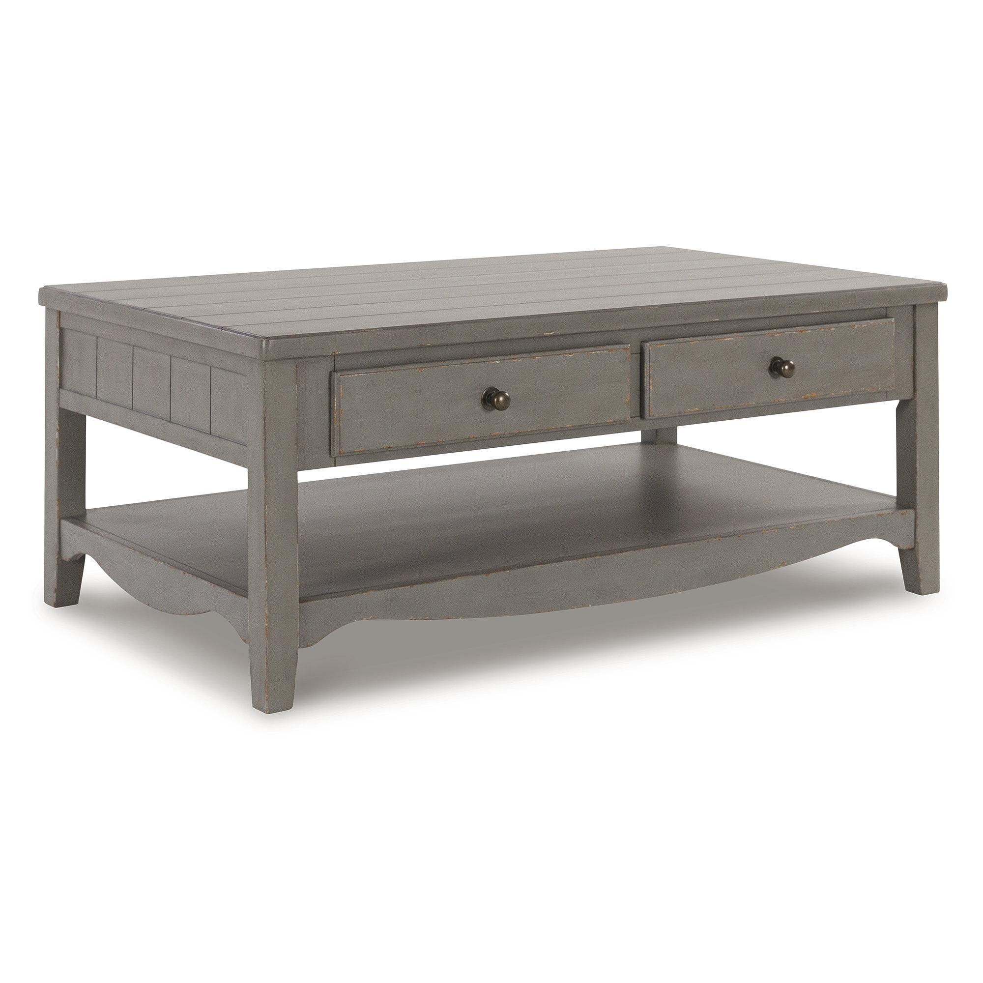 Signature Design by Ashley Charina Classic Cocktail Table with 2 Drawers and Open Lower Shelf, Light Gray