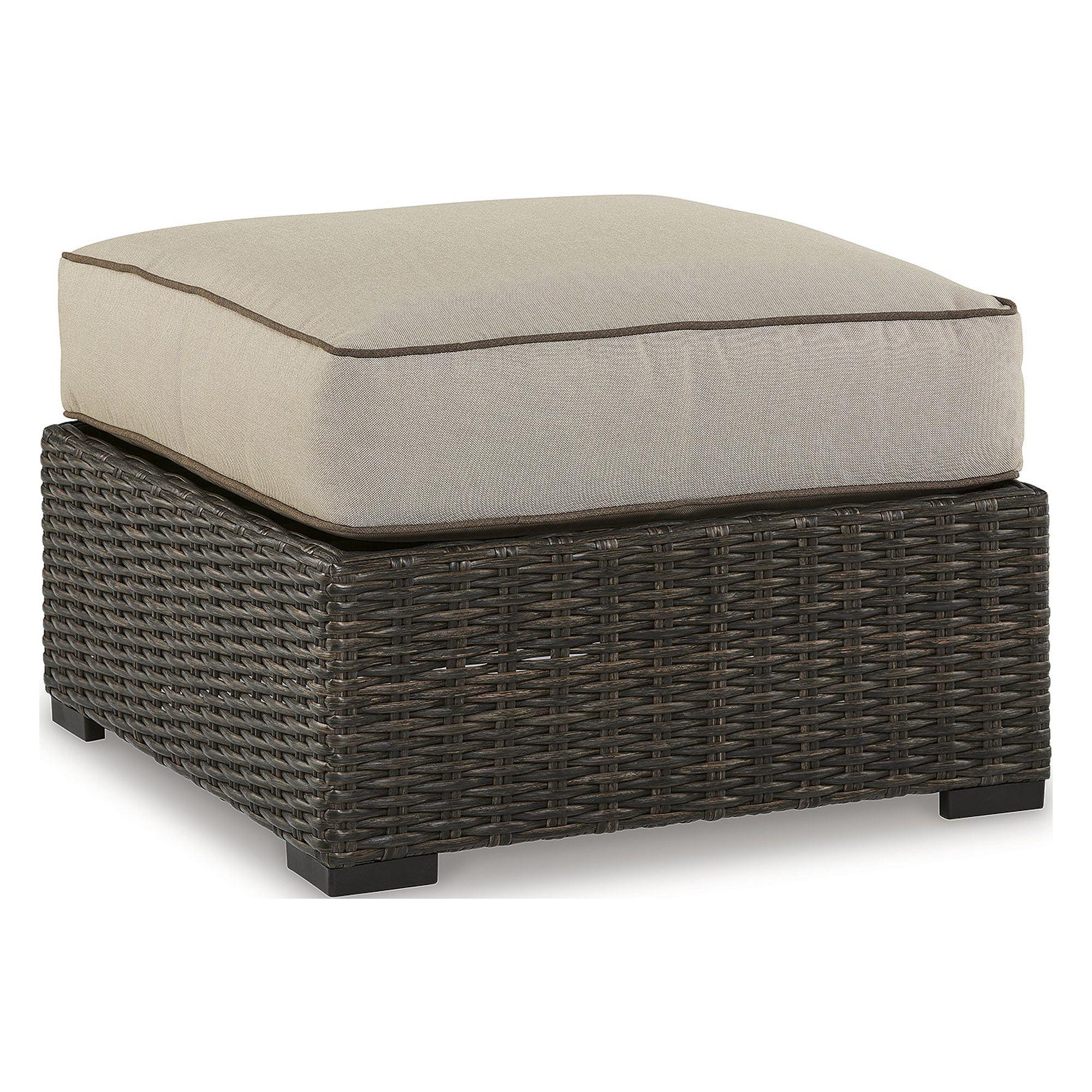 Beige and Brown Outdoor Resin Wicker Ottoman with Cushion