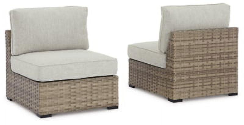 Beige Wicker Outdoor Armless Chair Set with Cushions