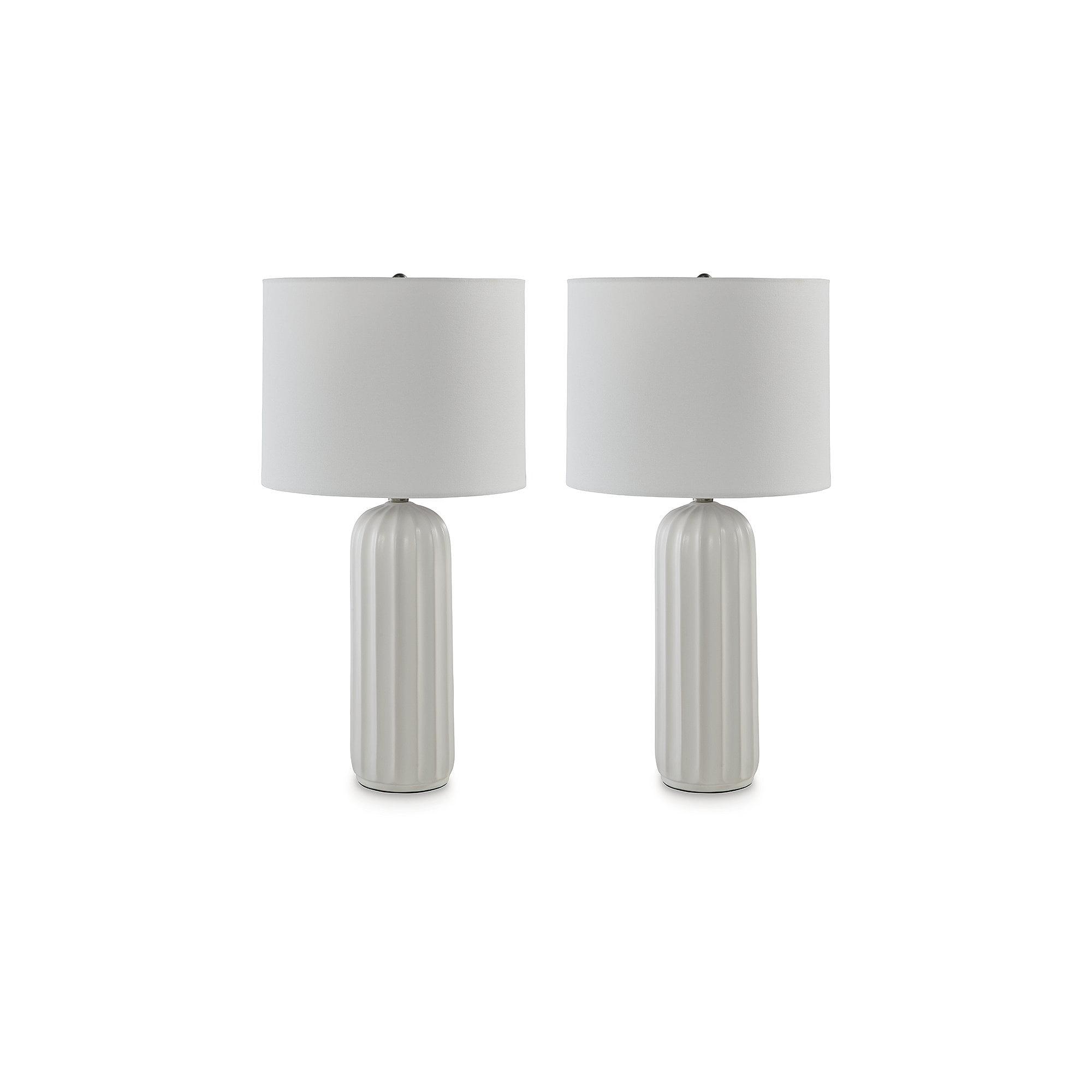 White Ceramic Table Lamps with Drum Shade, Set of 2