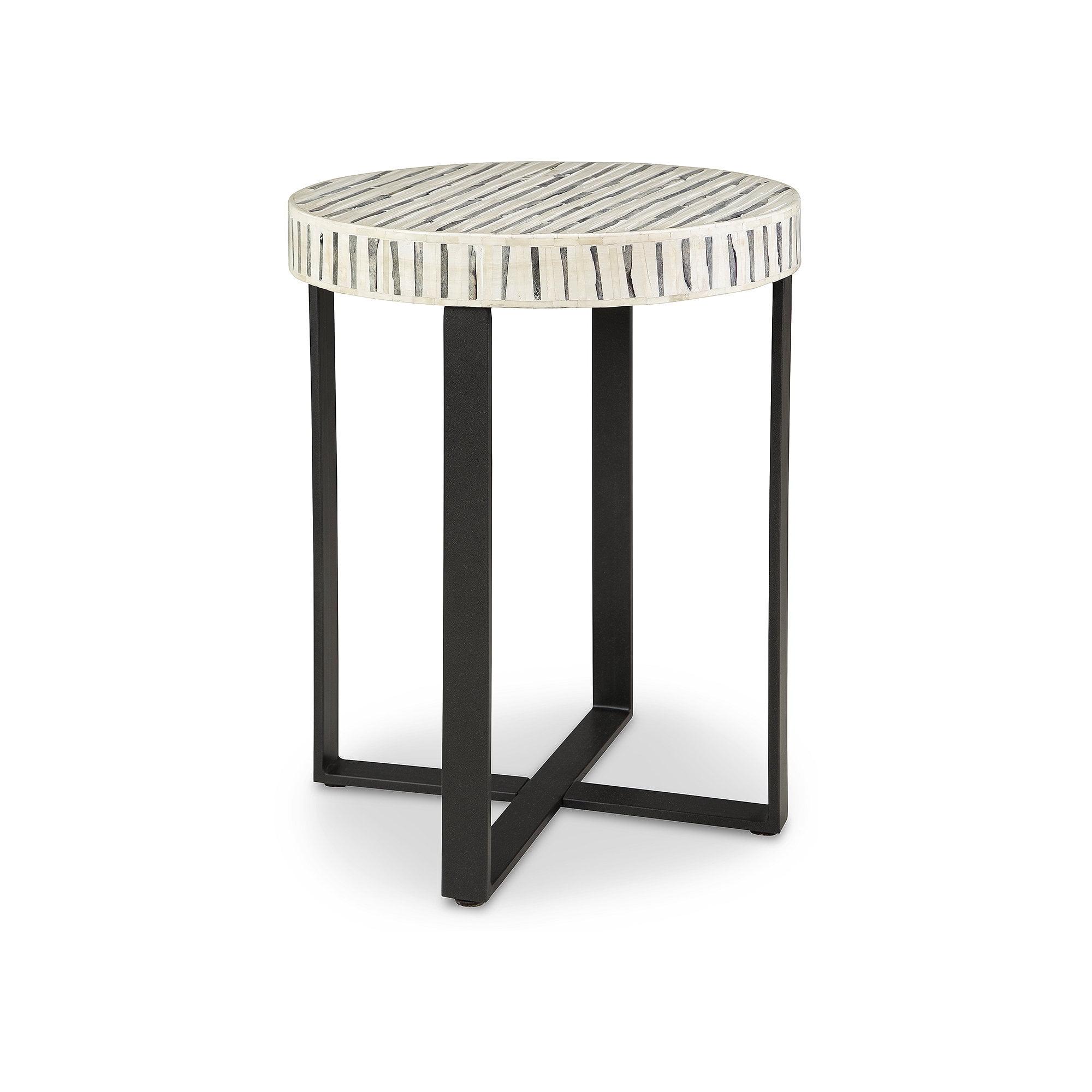 Transitional Round Black and Cream Wood Metal Accent Table