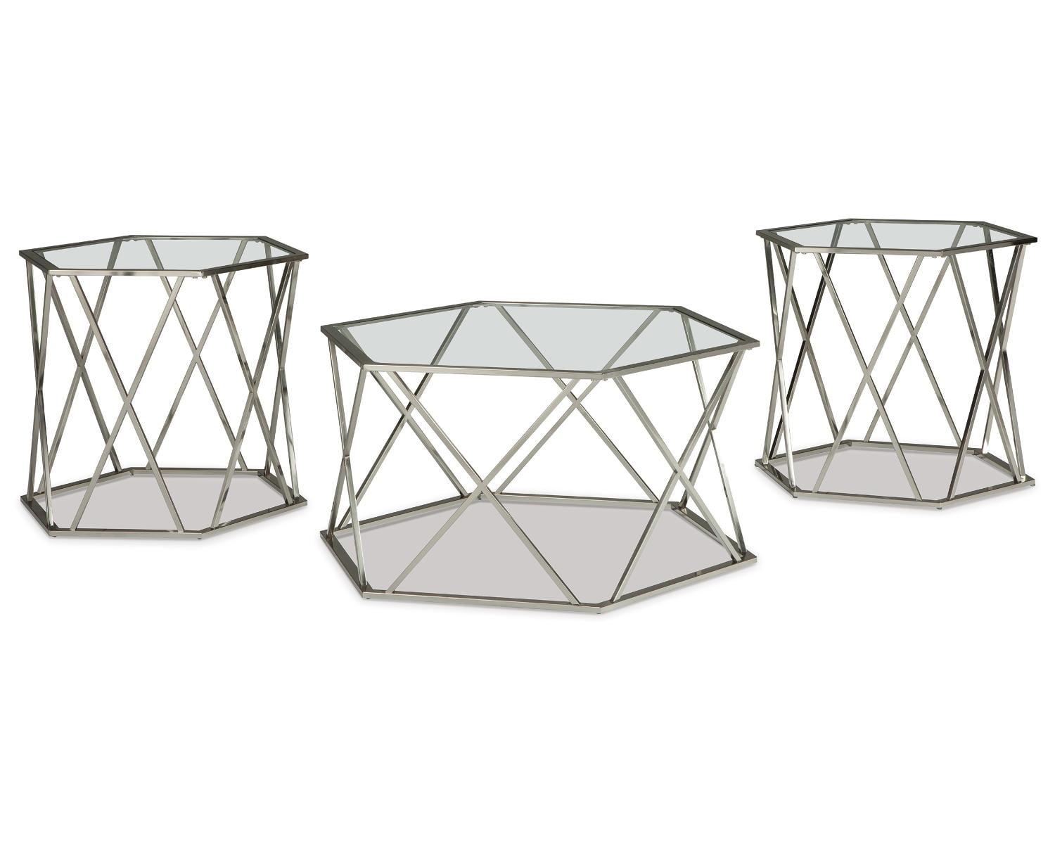 Madanere Hexagonal Chrome and Glass 3-Piece Table Set