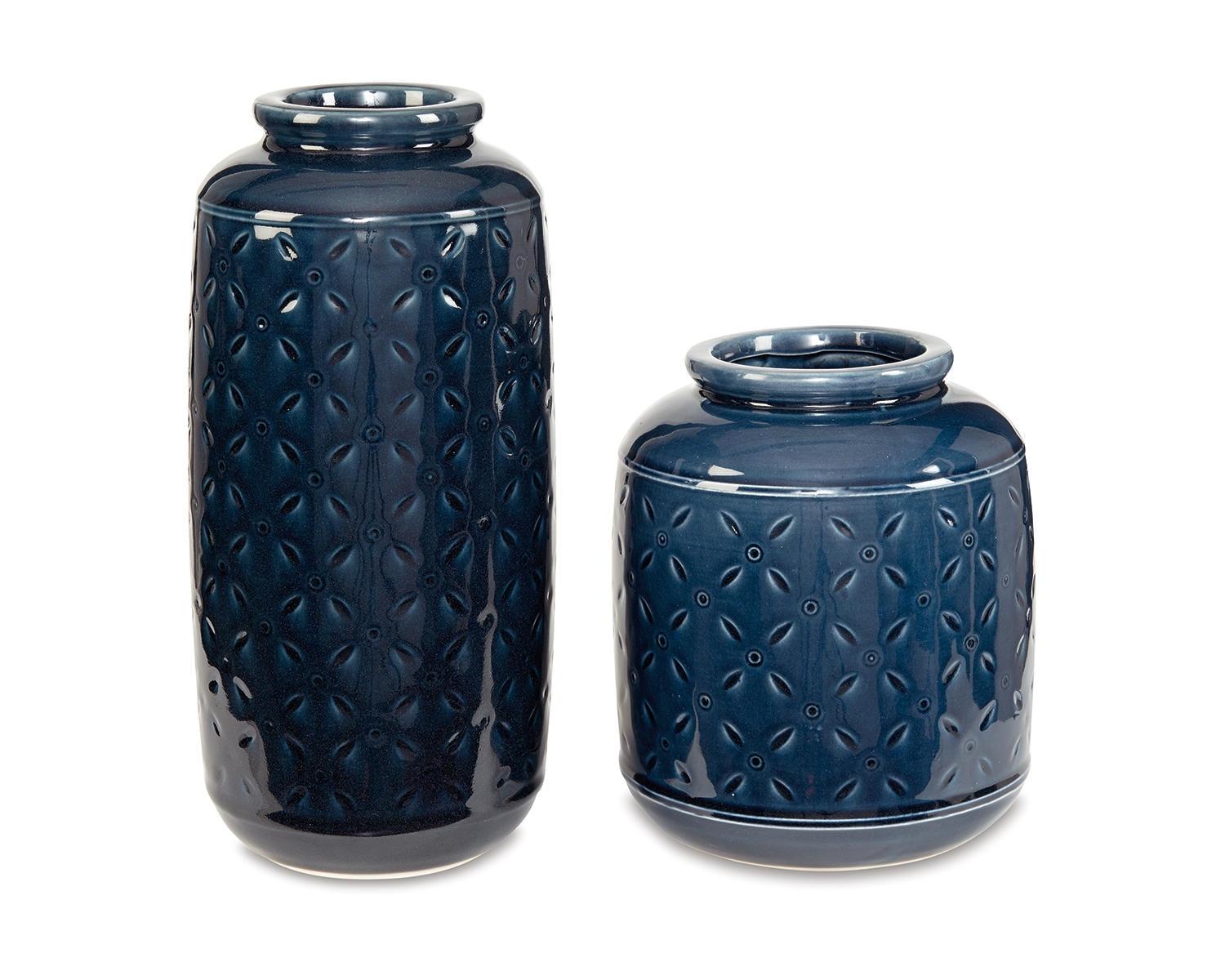 Navy Blue Ceramic Decorative Vase Set with Sand Dollar Markings