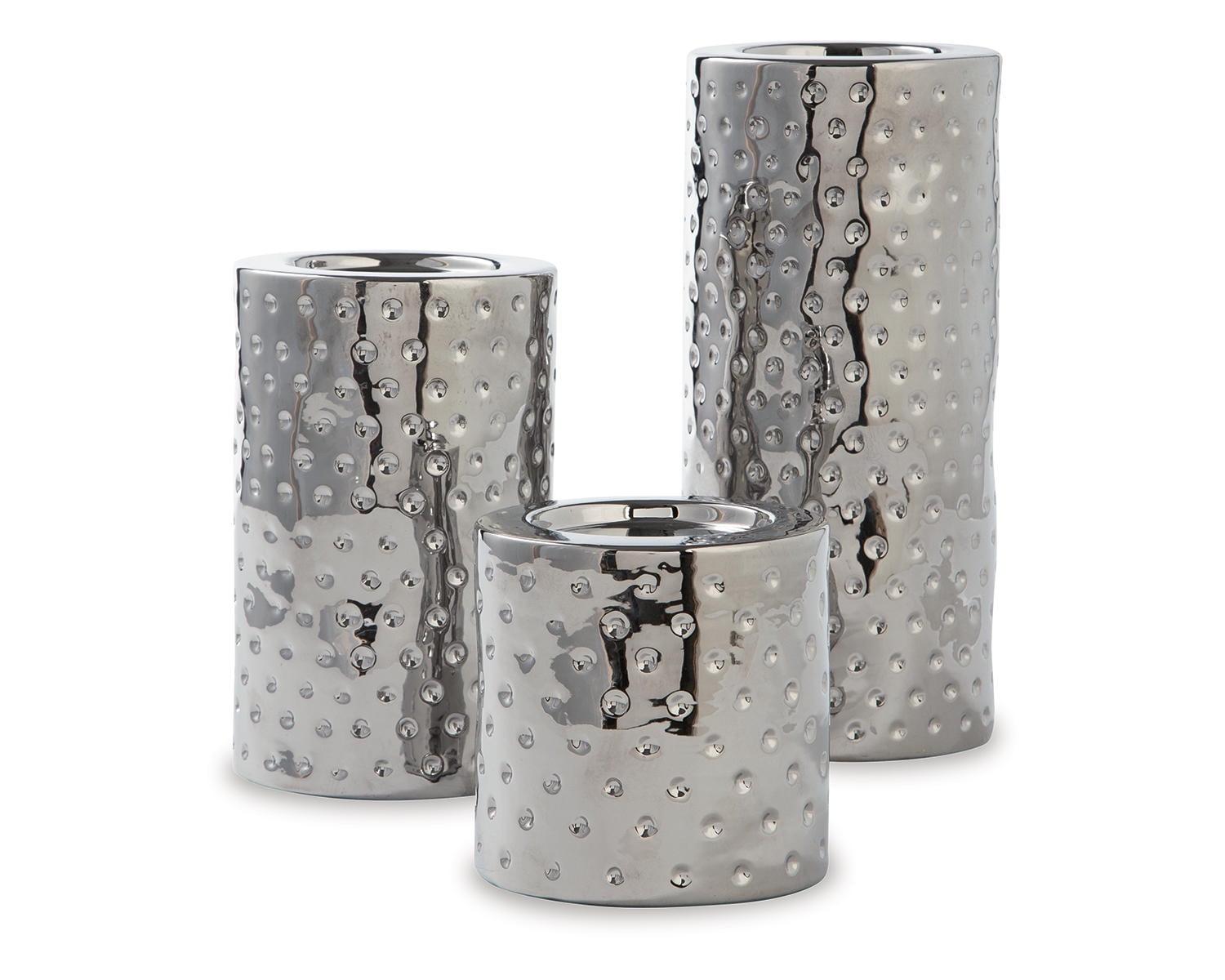 Contemporary Marisa 4.8" Silver Ceramic Candle Holder Set