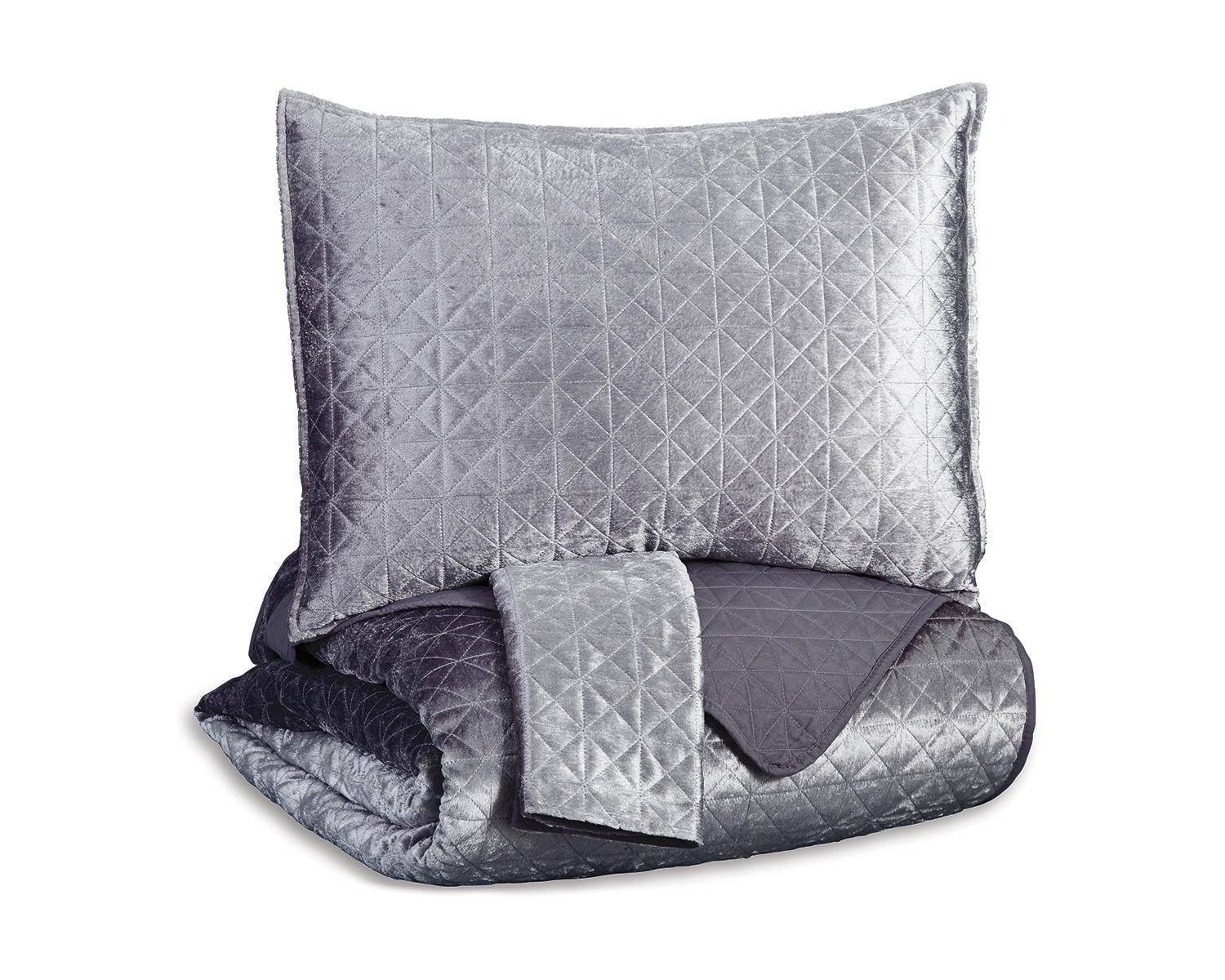 Silver Velvet King Size Quilted Coverlet Set