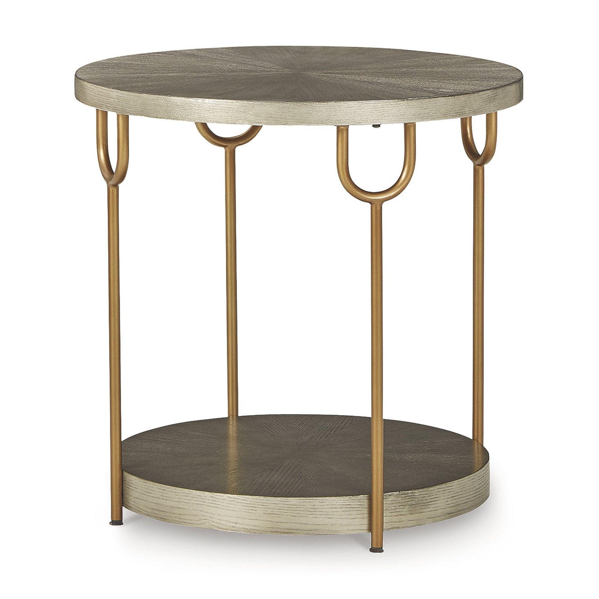 Contemporary Beige Wood & Gold Metal Round End Table 24"