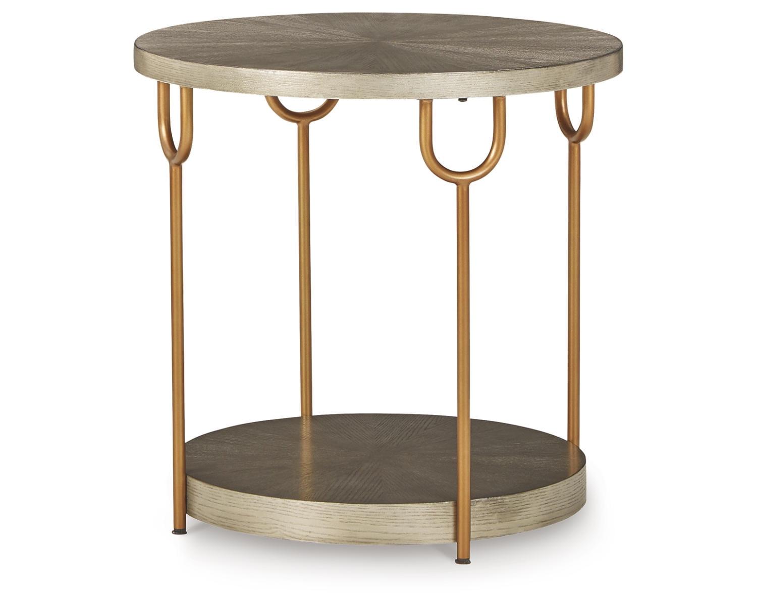 Contemporary Beige Wood & Gold Metal Round End Table 24"