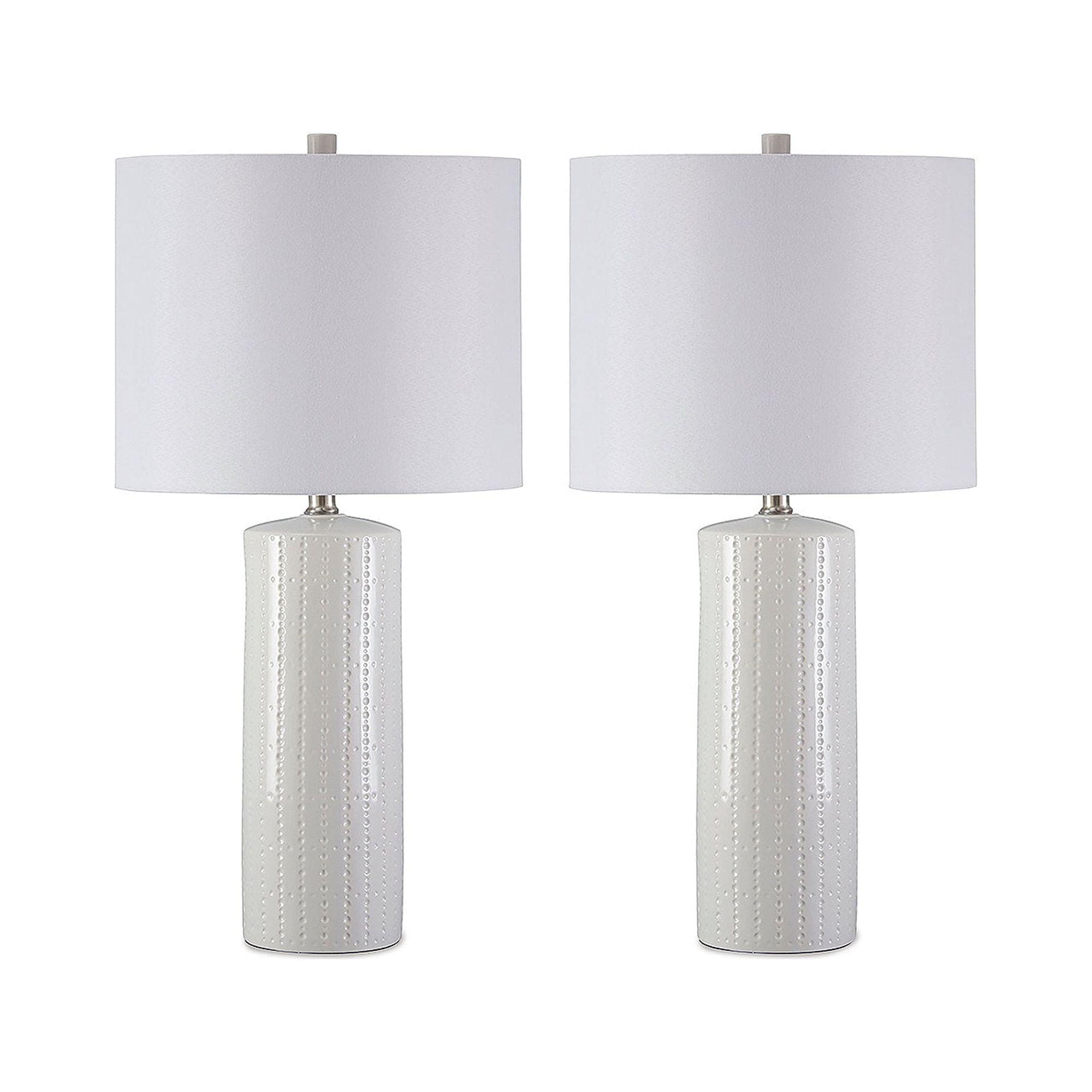 Steuben White and Gray Ceramic Table Lamp Set with Fabric Shade