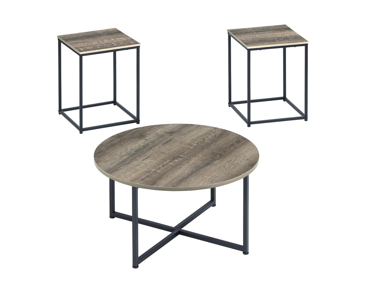 Modern Black and Brown Round Occasional Table Set with Metal Legs