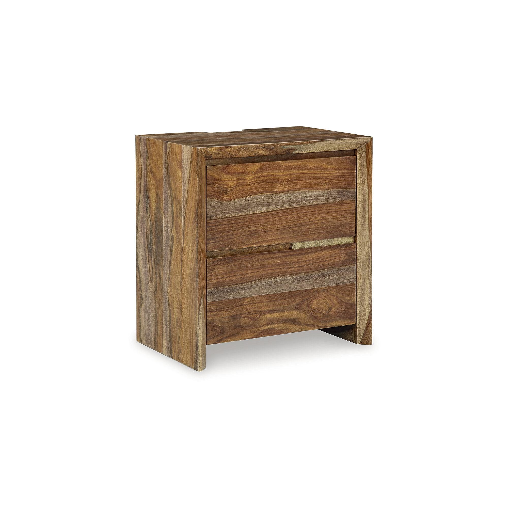 Light Brown Wood 2-Drawer Nightstand with USB Charging