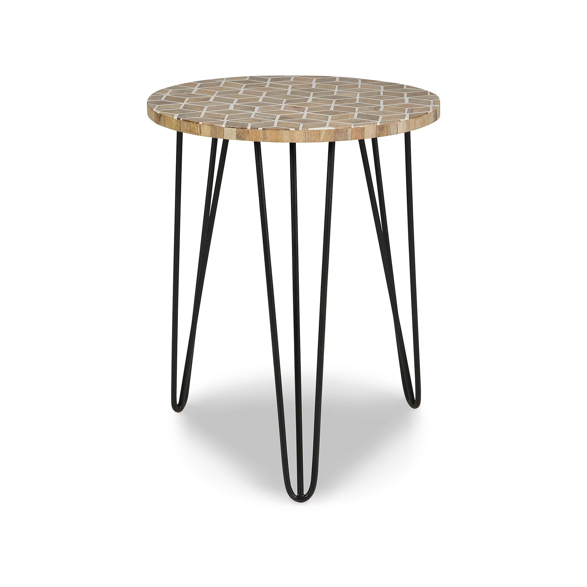 Transitional Beige and Black Round Wood & Metal Accent Table