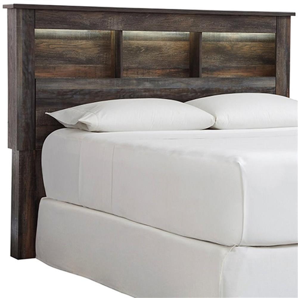Queen/Full Drystan Bookcase Headboard - Signature Design by Ashley: LED Lighting, Rustic Finish