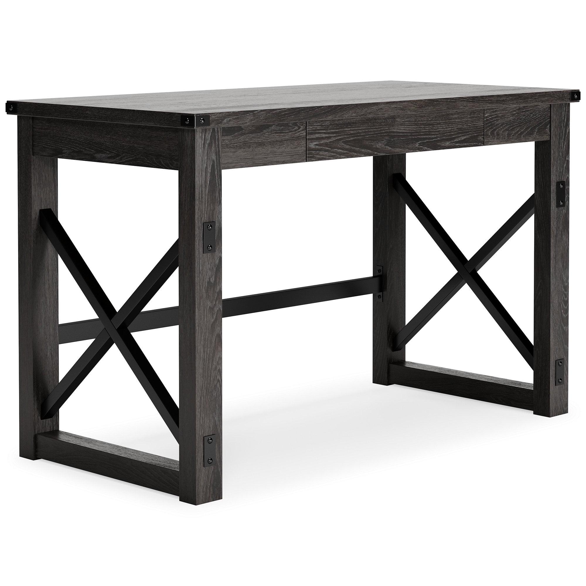 Dark Gray Rustic Wood Office Desk with Drawer and Iron X-Base