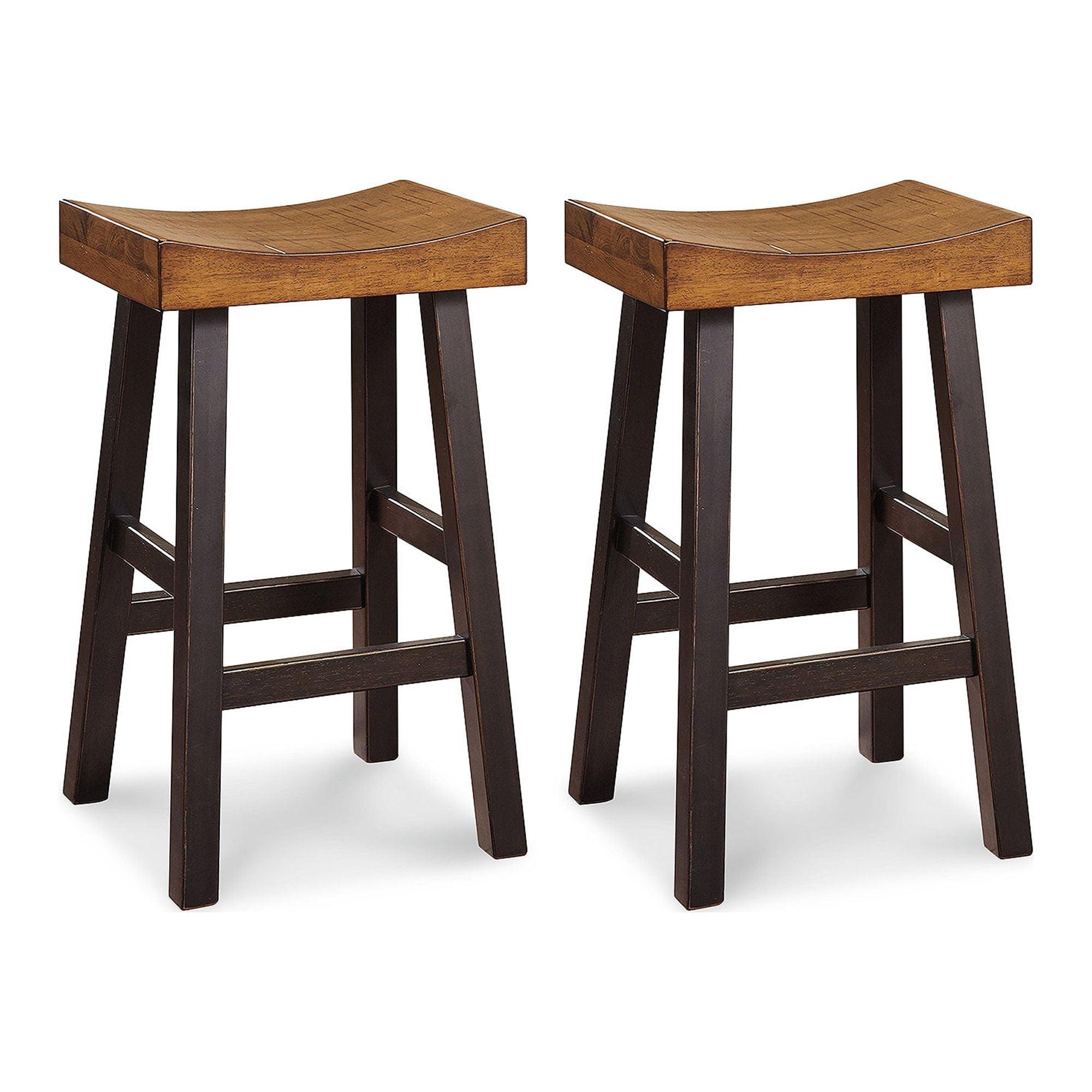 Medium Brown and Dark Brown Wood Saddle Bar Stools, Set of 2