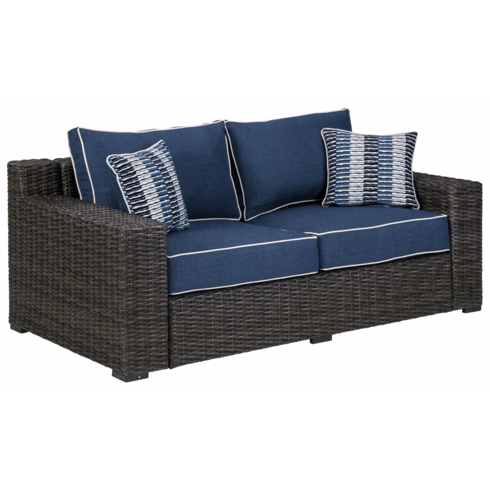 Transitional Blue and Brown Wicker Loveseat with Plush Cushions