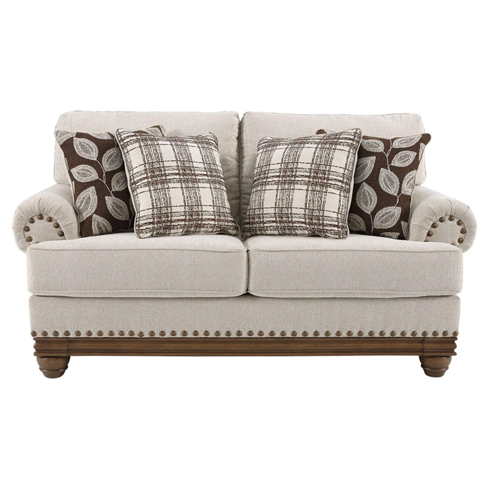 Beige Linen Herringbone Loveseat with Nailhead Trim and Pillows