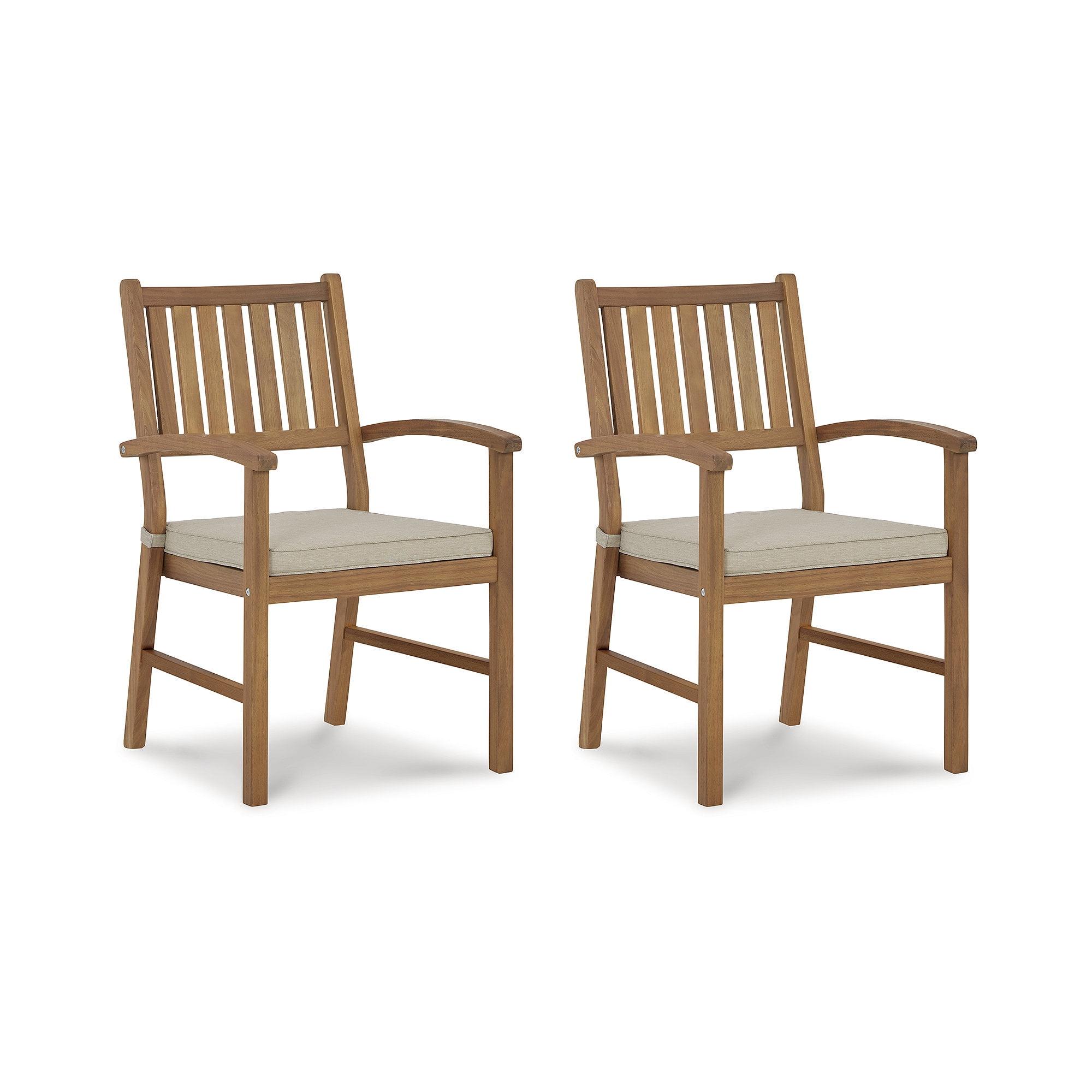 Light Brown Acacia Wood Outdoor Dining Arm Chairs with Cushions