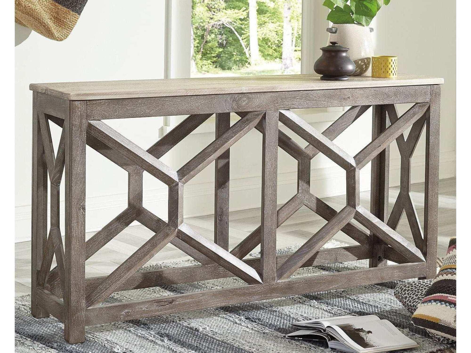 Transitional Antique Gray and Whitewash Solid Wood Console Table