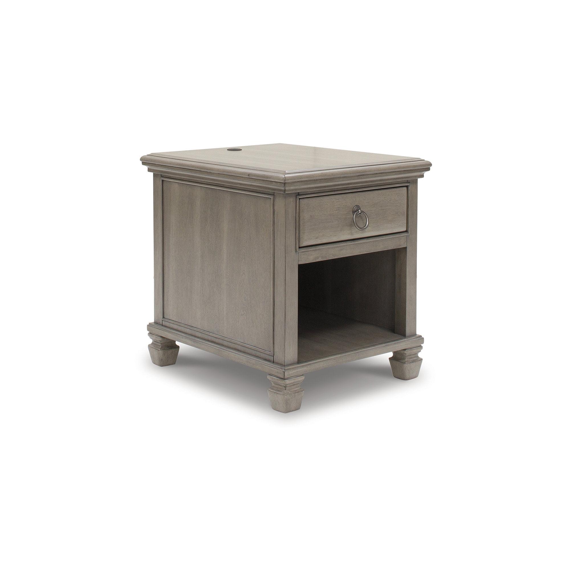 Gray Rectangular Wooden End Table with Storage and USB Ports