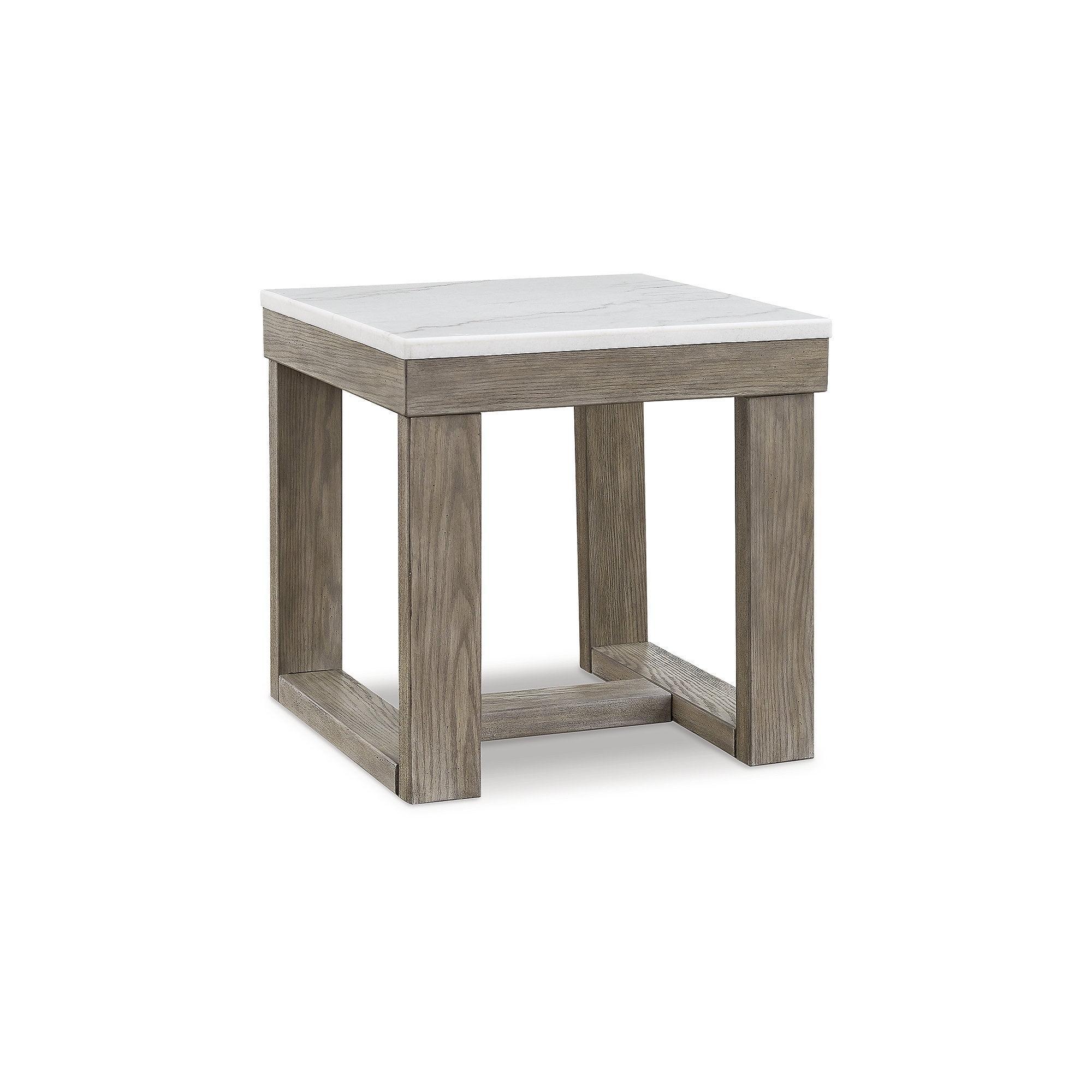 Signature Design by Ashley Loyaska Casual End Table with White Marble Top, Light Brown & White Marble