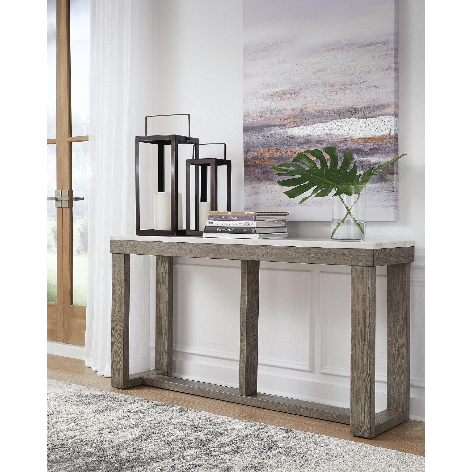 Beige and White Rectangular Wood and Stone Sofa Table