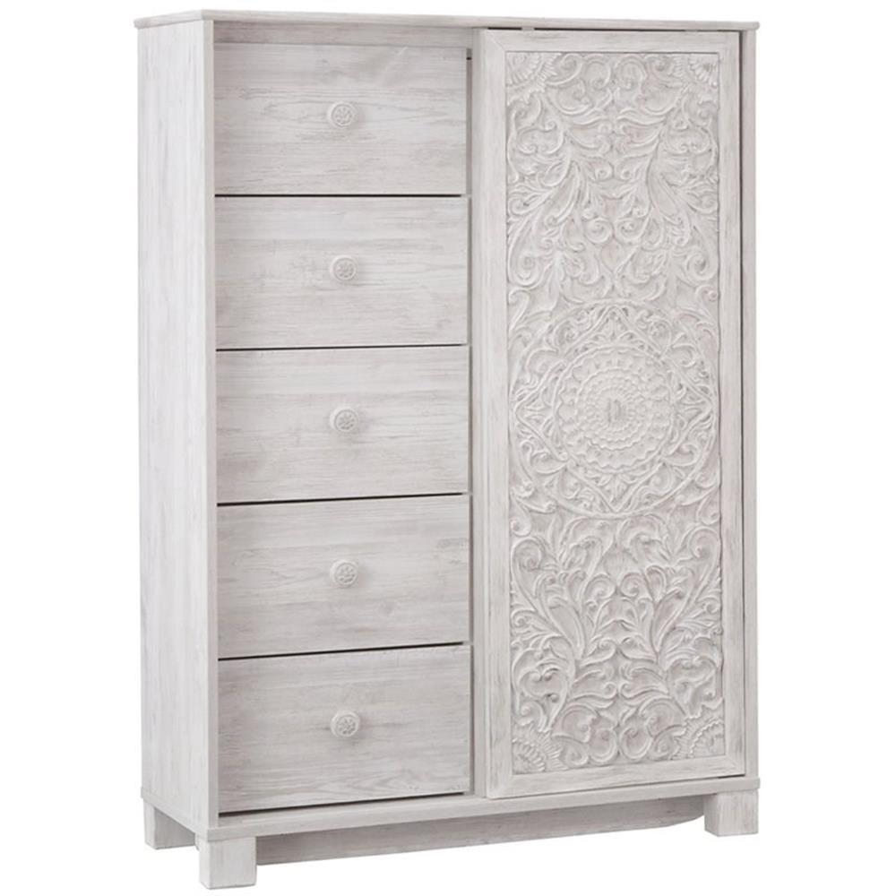 Paxberry Dressing Chest White Wash - Signature Design by Ashley: Boho-Chic 5-Drawer Storage, Carved Sliding Door