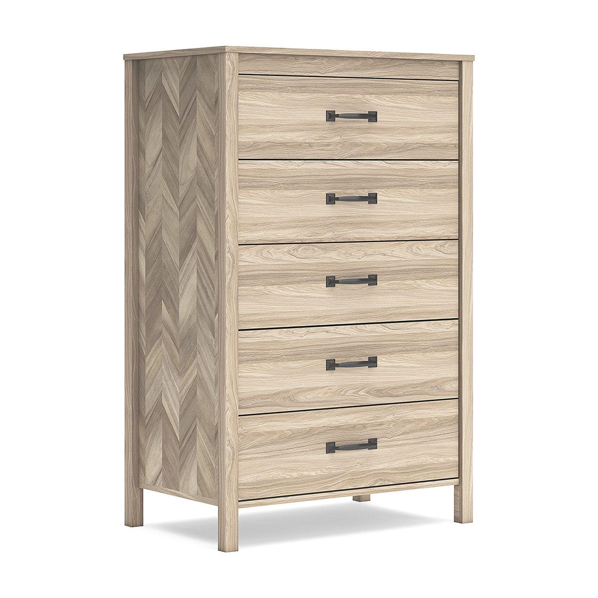 Tan Oak Grain Mid-Century 5-Drawer Dresser with Chevron Pattern