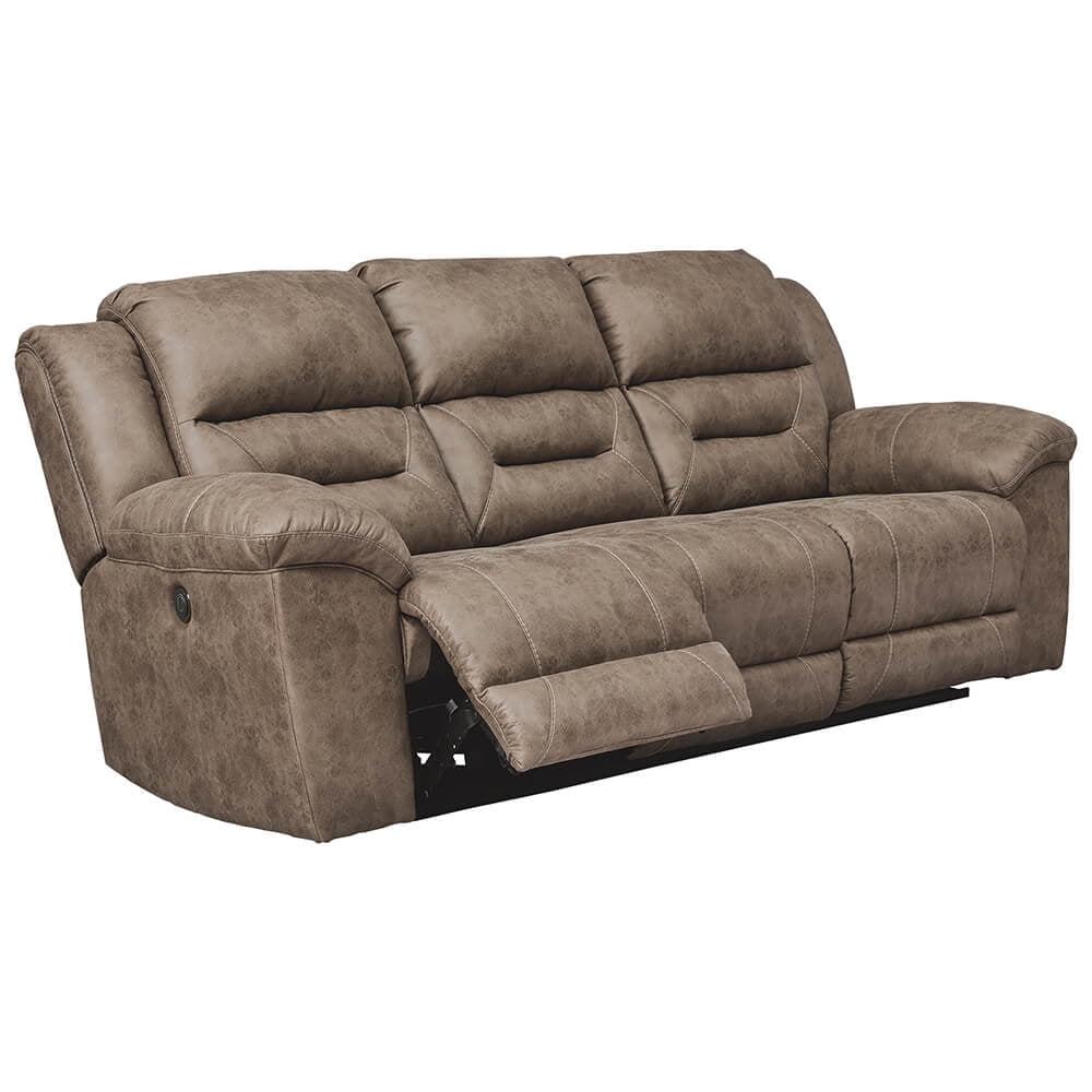 Fossil Brown 90" Faux Leather Power Reclining Sofa with Wood Accents