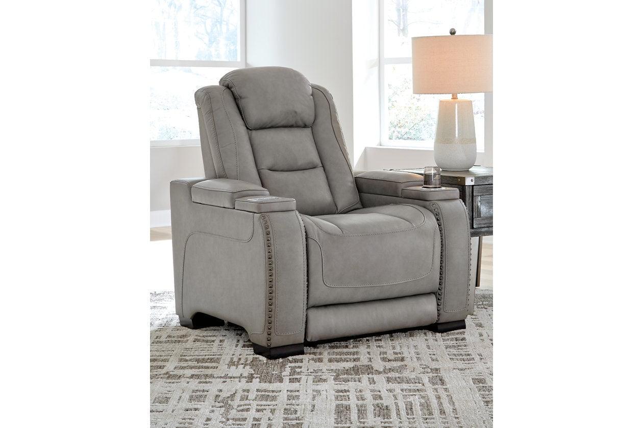 Signature Design by Ashley The Man-Den Leather Power Recliner in Gray