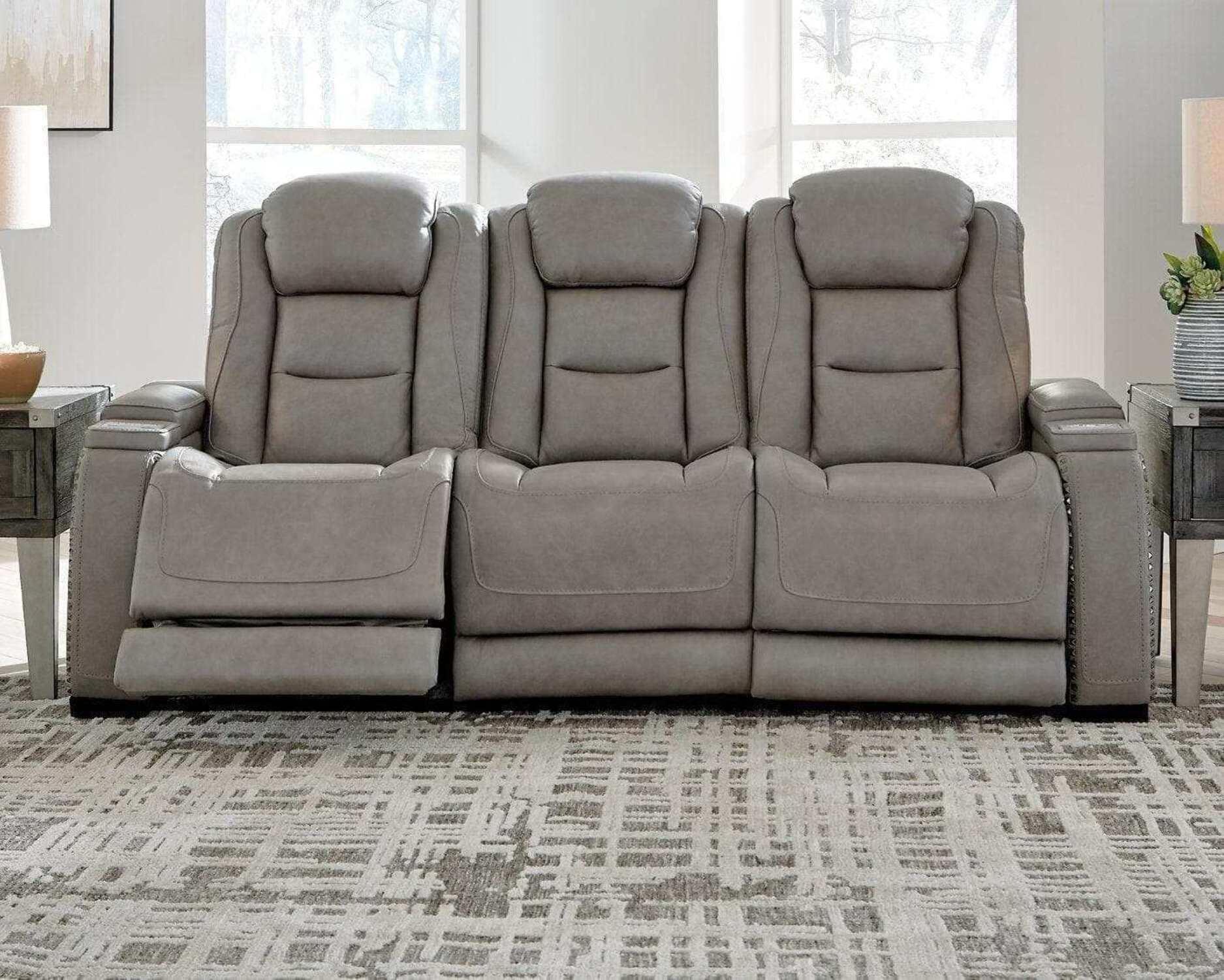 Gray Faux Leather Power Reclining Sofa with Cup Holders