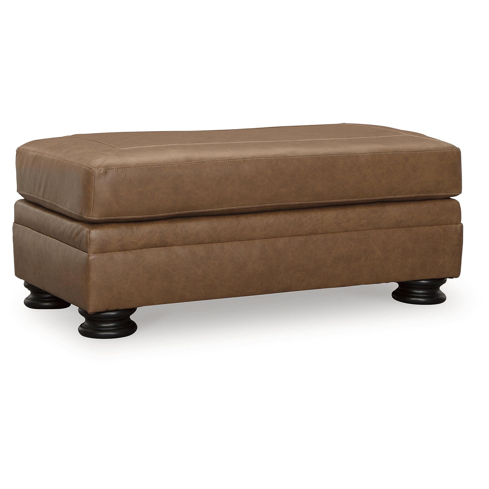 Traditional Caramel Brown Leather Ottoman with Turned Legs