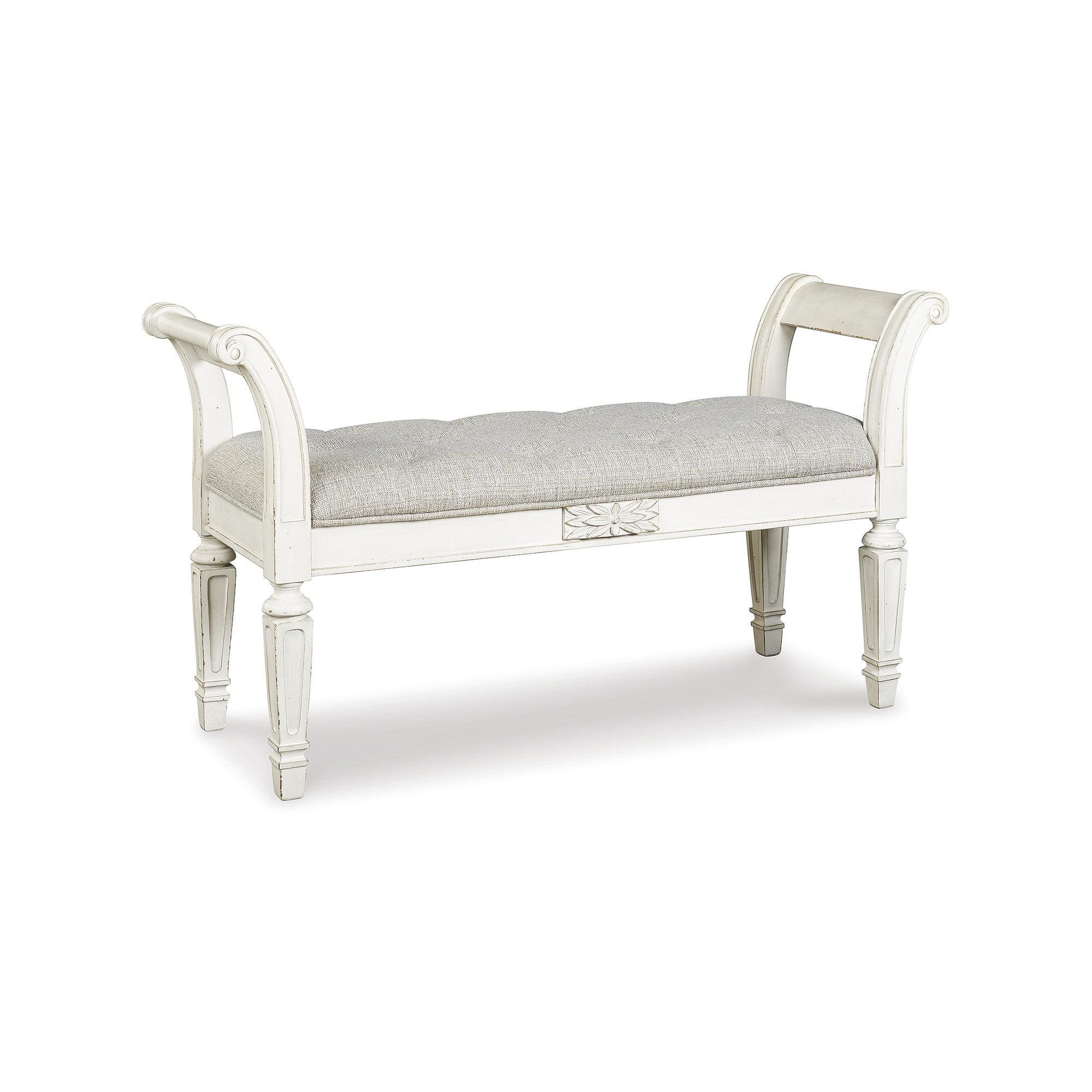 Realyn Antique White Tufted Accent Bench with Scrolled Arms