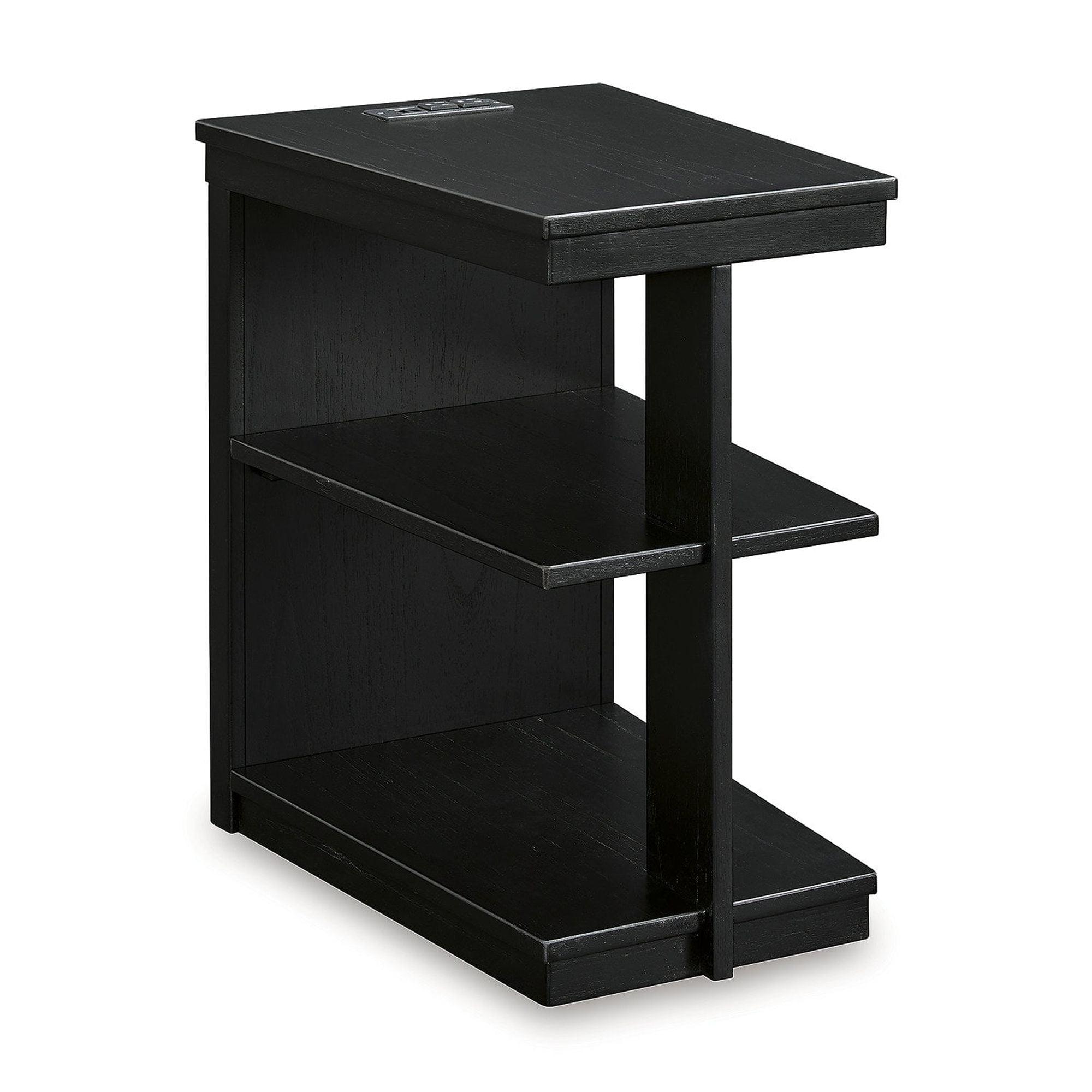 Black Wood Chairside End Table with USB Ports and Shelves