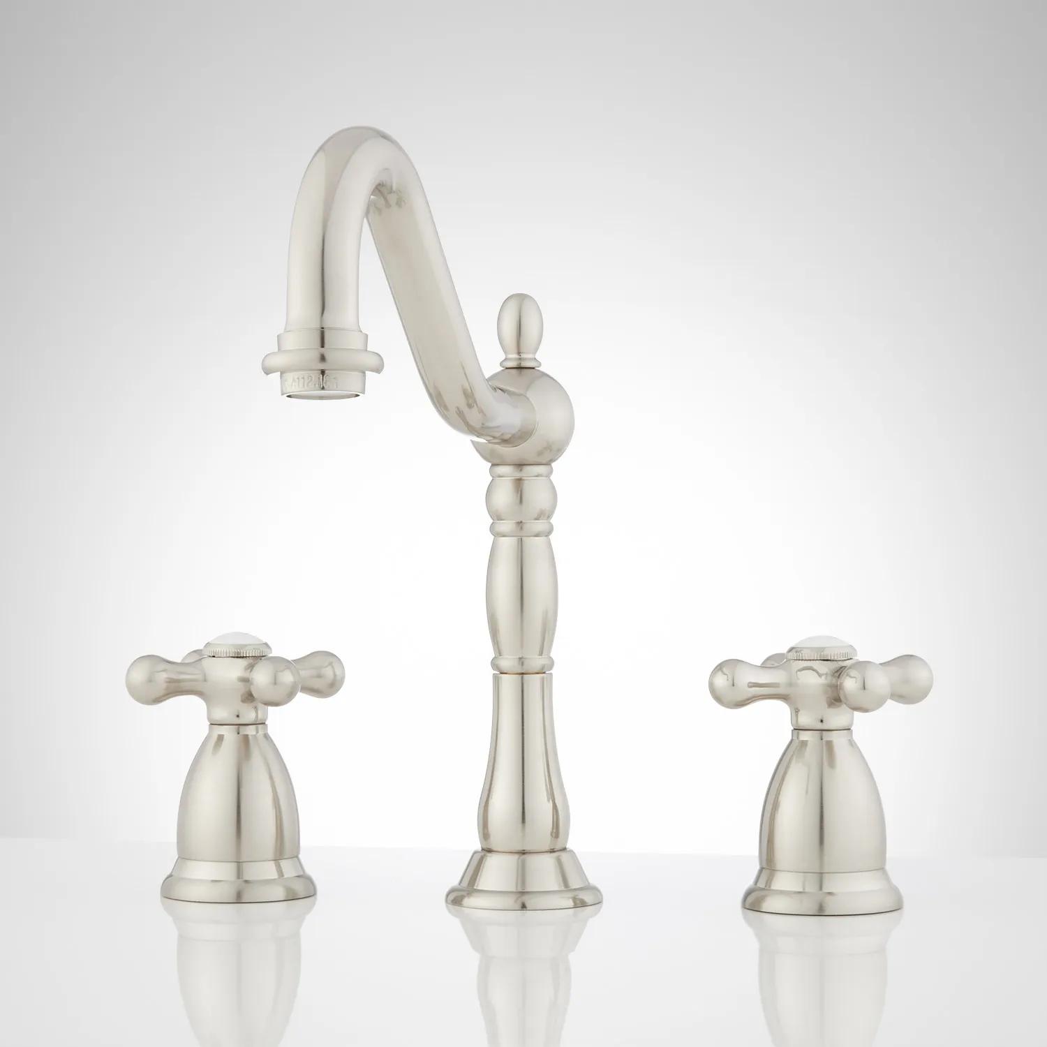 Brushed Nickel Victorian Widespread Bathroom Faucet with Cross Handles