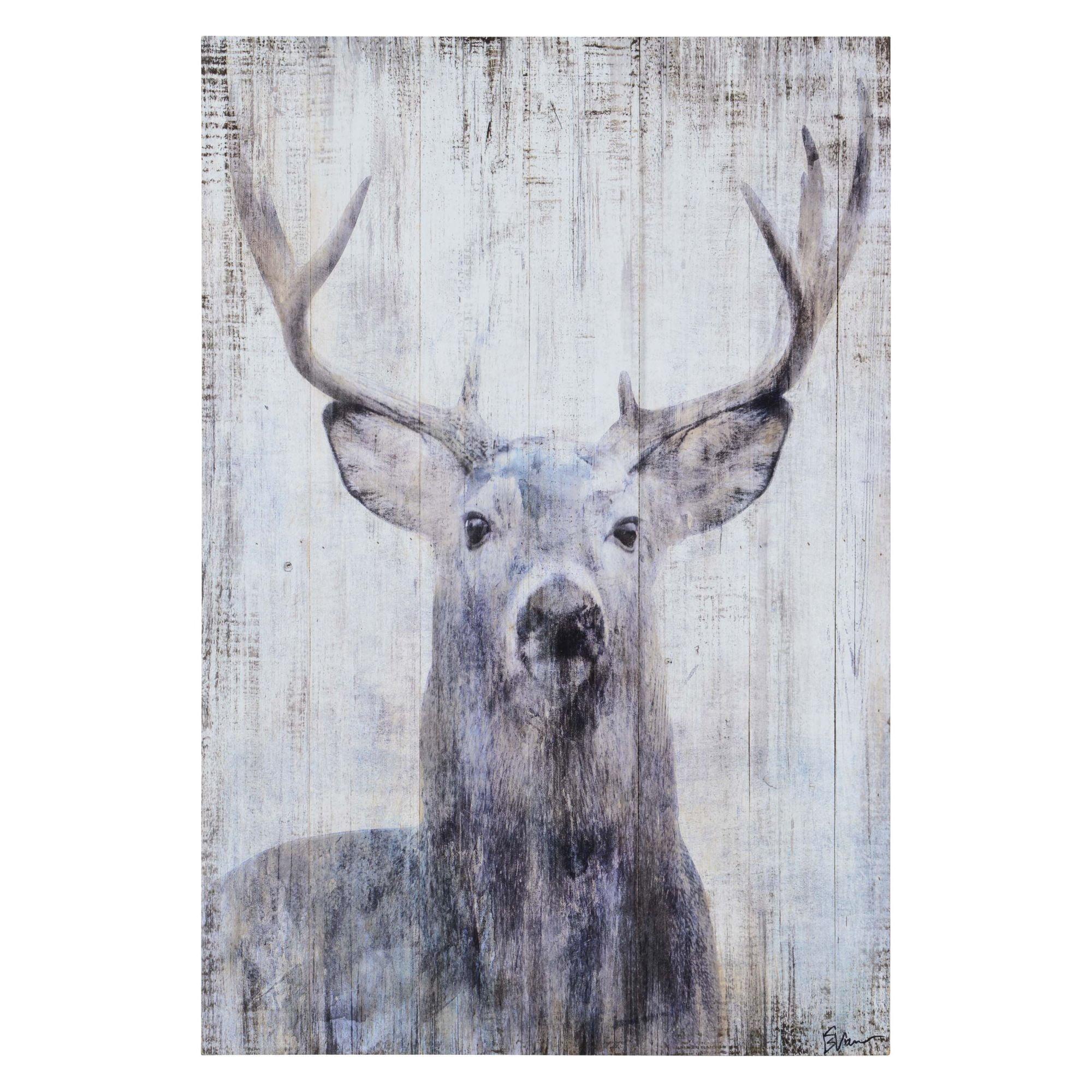 Black and White Deer Stare Rustic Wooden Wall Decor 36" x 24"