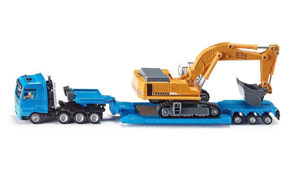 Heavy Haulage Flatbed Transporter Blue and Liebherr 974 Litronic Excavator Yellow 1/87 (HO) Diecast Models by Siku