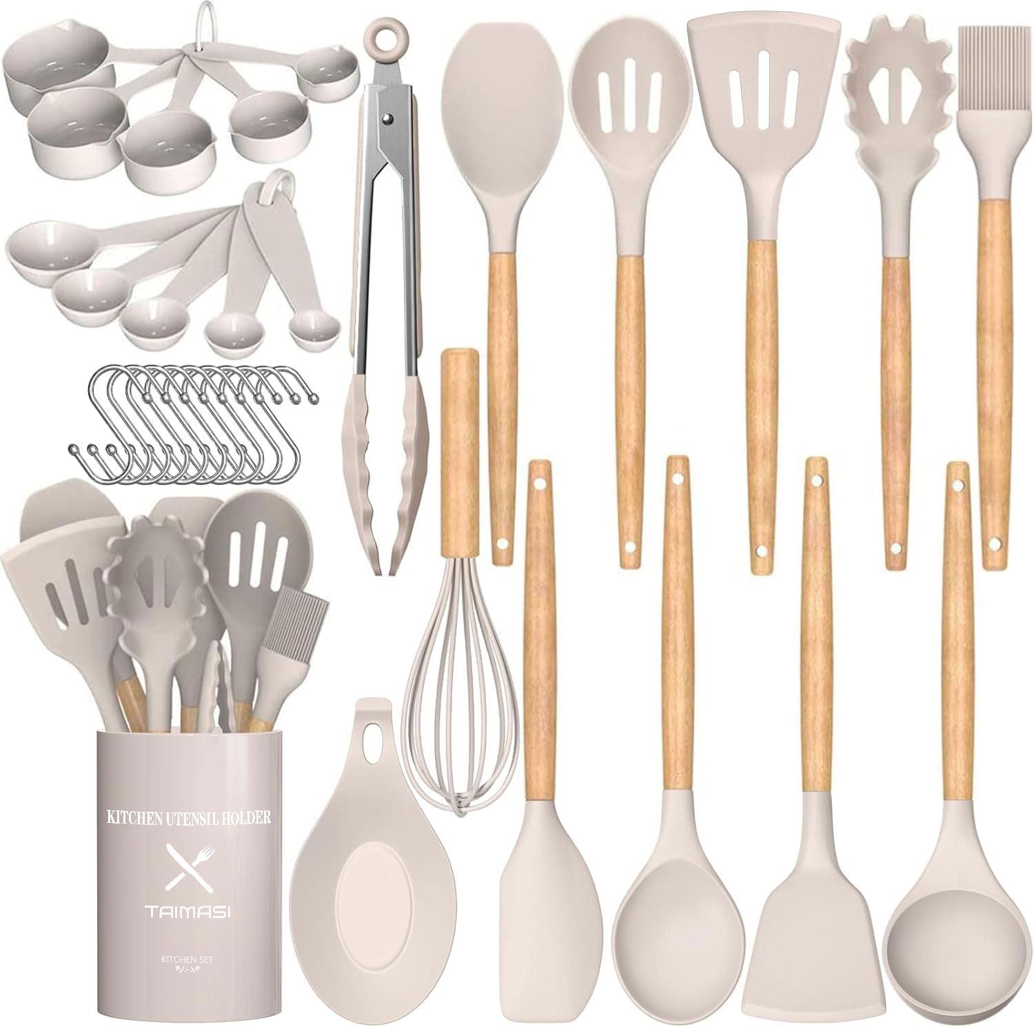 33-Piece Khaki Silicone and Wood Cooking Utensil Set